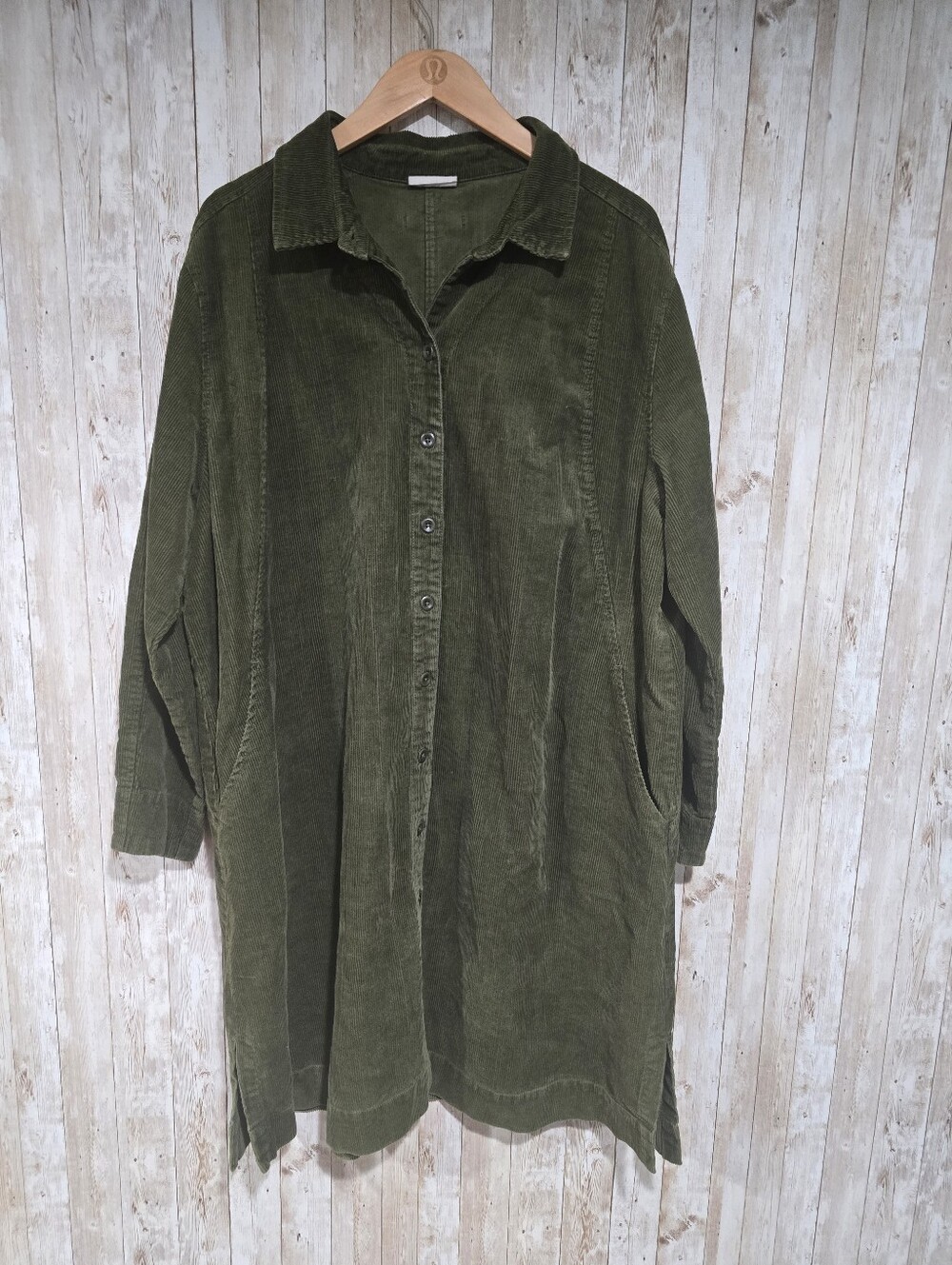 Poetry Corduroy Dress Button Front A-Line Pockets green Hemp Blend Size 16